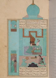 Fru D-212 fol.216a Bahram besøger en prinsesse i den turkise pavillon, illustration til 